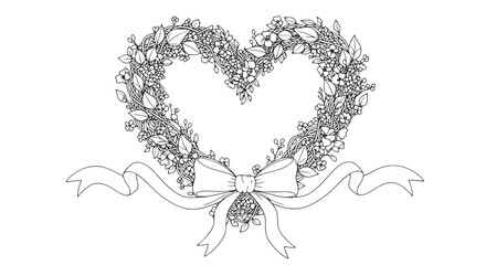 Elegant hand-drawn floral heart wreath with ribbon.