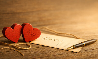 wo Red Wooden Hearts with Petals on Warm Sunset Background, Generative AI