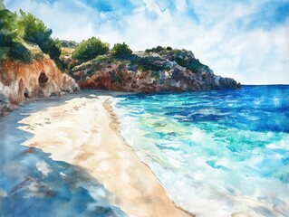 Watercolor painting of a tranquil beach with turquoise water and rocky cliffs