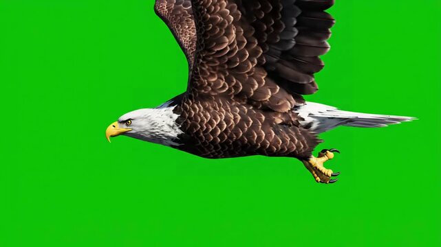 National Symbolism in Motion with american bald eagle flying loop side angle close up realistic 3d animation isolated on green screen for chroma key transparency effect distortion, overlay, glitch