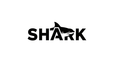Bold black and white shark logo design with text.