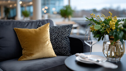 This image depicts a chic seating area featuring decorative pillows, a stylish coffee table, and a floral arrangement, creating a warm and inviting atmosphere for gatherings.