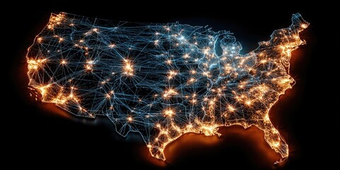 Glowing network of light points and lines overlaying a dark US map