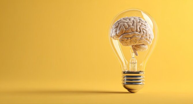 A human brain is depicted inside a clear light bulb on a yellow background