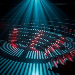 Futuristic platform illuminated by brilliant blue spotlights and red details