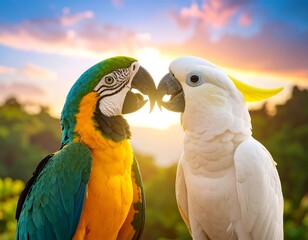 Two colorful parrots touch beaks against a vibrant sunset backdrop