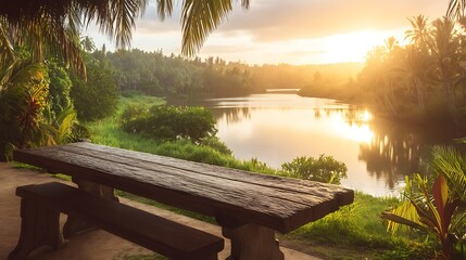 Obraz premium Serene Riverside Landscape with Wooden Bench and Sunset Over Tropical Jungle