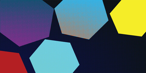 A geometric pattern of randomly colored pentagons combined with a sprinkling of dots.