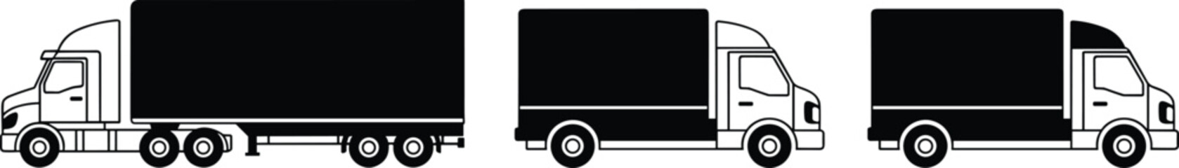 Set of black and white delivery truck icons, isolated vector illustration of logistics transport vehicles, cargo shipping van symbols, commercial freight signs