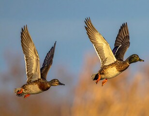 Two ducks gracefully soar through the air against a clear sky