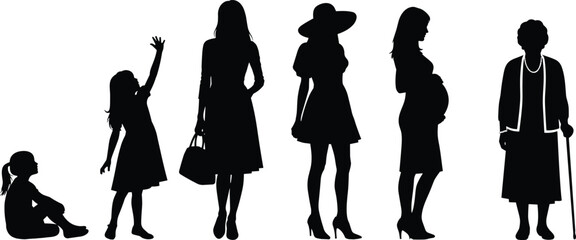 Female life stages silhouette vector, aging woman, childhood to elderly, black figures, development concept, generational growth, timeline illustration