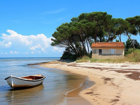 Seaside Tranquility: A small boat rests by a rustic beach shack on a calm shore - Powered by Adobe