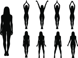 Female silhouette poses collection showing standing, stretching, and arm movements in minimalist vector style for fitness, anatomy, exercise and illustration design