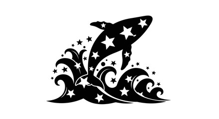Whimsical whale leaping from ocean waves with starry night sky design.