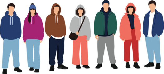 Diverse Group of Young People in Streetwear Vector Illustration, Modern Casual Winter Fashion, Hoodies, Oversized Jackets, Urban Youth Style