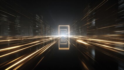 Abstract glowing geometric tunnel with light streaks