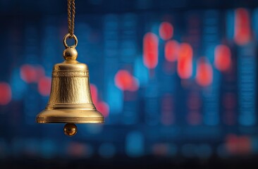 A golden bell hangs against a blurred background of stock market charts