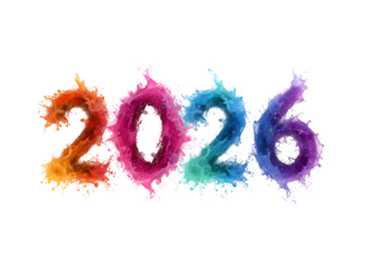 2026 Colorful Paint Splatter Numbers - Vibrant Artistic Text Design on white background, Isolated on Transparent Background