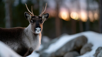 A lone reindeer stands gracefully amidst a snowy landscape, symbolizing wildlife resilience and the beauty of nature in winter's embrace.
