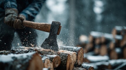 Chopping wood in a snowy forest during winter