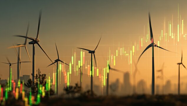 Silhouettes of wind turbines at sunset against a stock market graph - Powered by Adobe