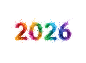 2026 Colorful Paint Splash Numbers - Vibrant New Year Celebration Art on white background, Isolated on Transparent Background