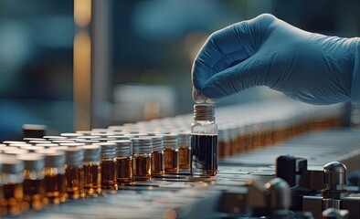 Gloved hand inspects small glass vials filled with dark liquid on a production line