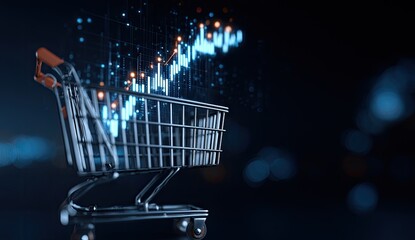 A shopping cart emerges from a glowing financial graph with abstract light effects