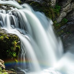 Obraz premium Majestic Waterfall Cascading Down Mossy Rocks with Rainbow.