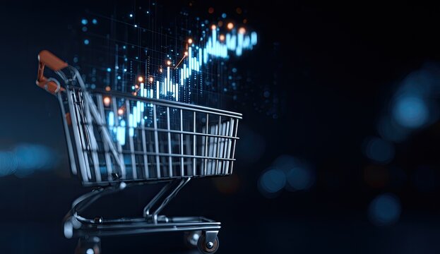 A shopping cart emerges from a glowing financial graph with abstract light effects - Powered by Adobe