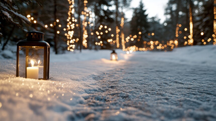 An enchanting winter pathway lined with glowing lanterns and twinkling lights invites you to explore the magical vibes of the holiday season in a snowy landscape.