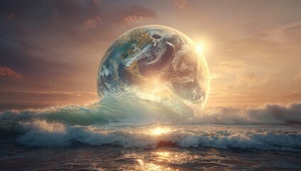 Planet emerges from ocean waves at sunrise, radiant light