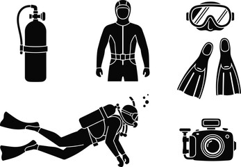 Scuba diving, diver, oxygen tank, wetsuit, flippers, diving mask, underwater camera, marine exploration, sea adventure, water sports, ocean diving equipment vector illustration © Gita
