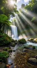 Fototapeta premium Sunlit Waterfall in Lush Green Forest - A Serene Natural Scene.