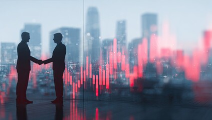 Two silhouetted men shake hands in front of a city skyline and falling stock graph