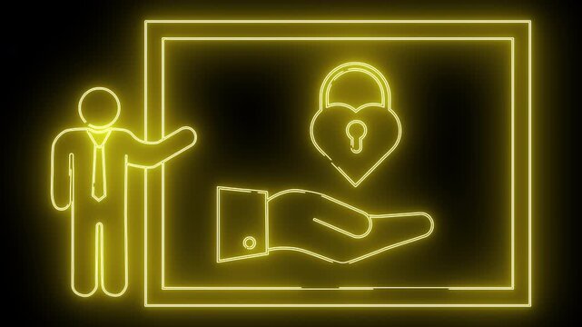 Neon image man gestures towards screen with hand offering heartshaped lock