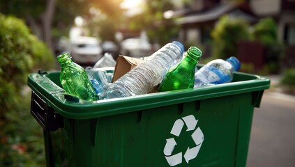 Green recycling bin overflowing with plastic bottles and paper, outdoors