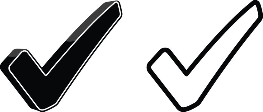 Black 3D Check Mark Icon and Outline Tick Symbol, Representing Successful Completion, Confirmation, Validation, Approval, Correctness, and User Interface Vector Element.