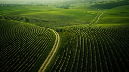 Aerial view of green vineyard rows with winding path through rolling hills landscape
