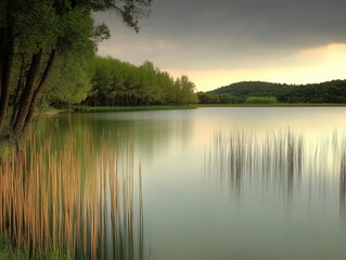 Tranquil Lake Scene with Reeds and Trees Under Cloudy Sky during Golden Hour