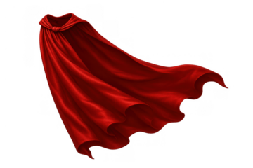 Flowing red fabric cape for superhero or magician, waving in wind, symbolizing power, success, and leadership on transparent background