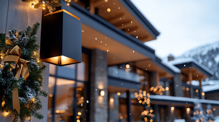 Fototapeta premium This picturesque winter retreat features elegant lights and decorations with a cozy atmosphere, inviting guests to enjoy the holiday magic amidst a snowy backdrop.