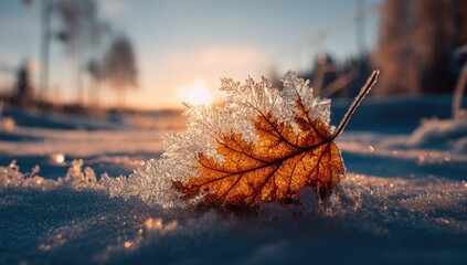 Single frosted leaf catches winter sunlight on snowy ground
