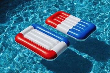 Two inflatable loungers, red, white, and blue, float on clear rippling pool water