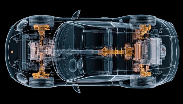 X-ray view of car chassis and drivetrain, transparent exterior, black background