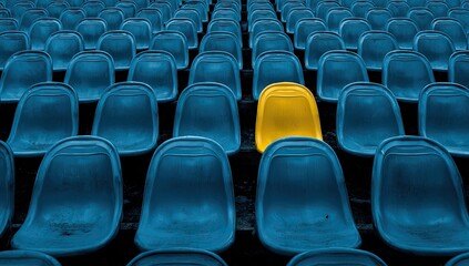 Fototapeta premium Rows of empty stadium seats, one bright yellow, others blue