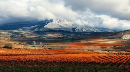 Scenic mountain landscape with orange fields and dramatic cloudy skies in autumn