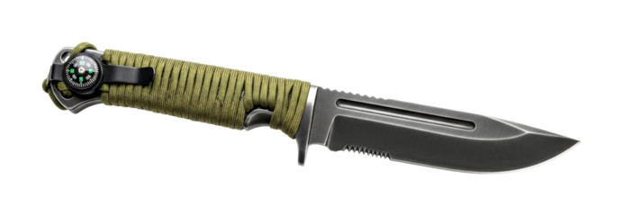 Rugged tactical survival knife features a dark metal blade with a serrated edge and blood groove, an olive green paracord-wrapped handle, and an integrated compass with a clip, captured under dramatic