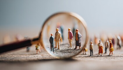 Tiny figures under a magnifying glass, examining a small crowd