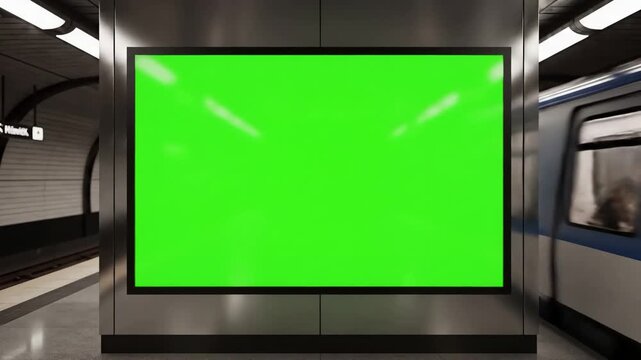 Green Screen empty billboard with a for advertising on subway station 4k 3d animation scene 4 distortion, overlay, glitch, static noise, scan lines black background, animated video loop